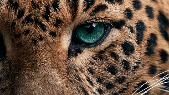 Intense Close-Up of a Majestic Leopard's Piercing Green Eye with Detailed Fur Patterns and Black Spots, Showcasing the Beauty and Power of Wildlife in the African Savanna Wilderness