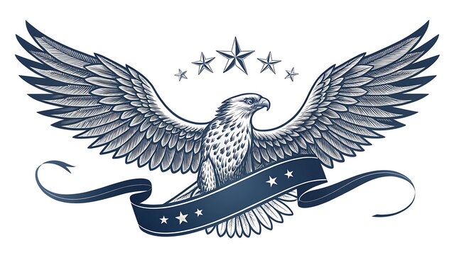 Detailed hawk with outstretched wings and ribbon banner vintage engraving style on a white background