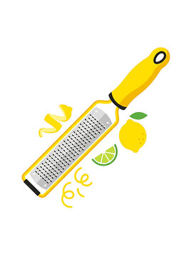 Kitchen handheld citrus zester grater tool with fresh lemon and lime fruit pieces for cooking and baking culinary preparation on transparent background