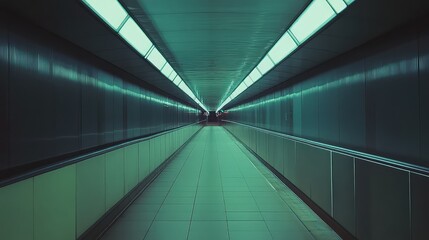 Fototapeta premium Empty futuristic pedestrian tunnel with striking green lighting creating a leading line, offering a sense of depth, direction, and journey through contemporary underground architecture