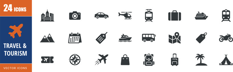 Fototapeta premium Travel and tourism vector icons set. for web and mobile design. vacation, adventure and destination concepts. Editable icons. Vector illustration.