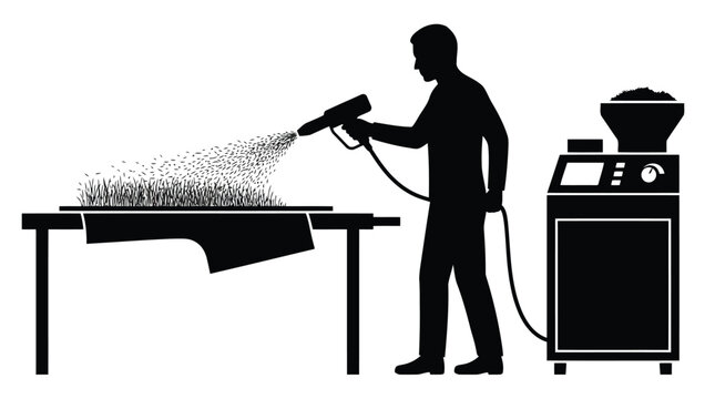 Person using spray gun to apply coating to artificial grass material