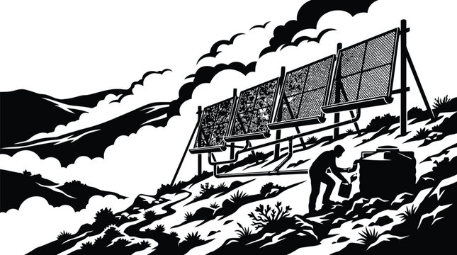 Worker tending to solar panels on a hillside landscape