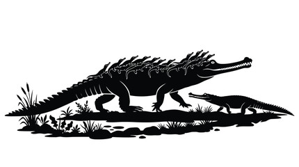 Fototapeta premium Crocodile mother with babies on back vector illustration