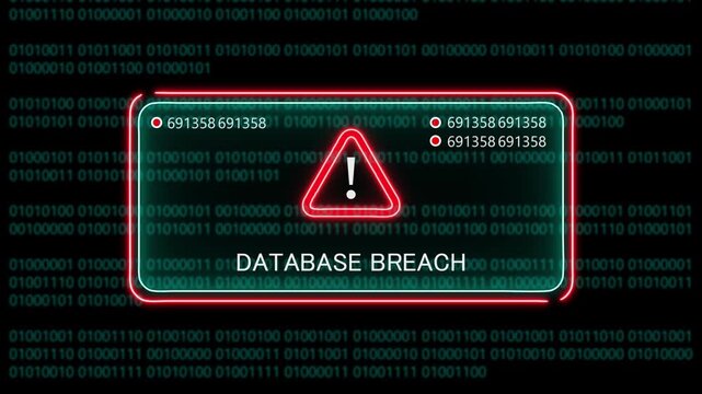 database breach computer hacking warning, message hacked alert warning hacked alert blackmailing virus, countdown until deletion computer security alert on binary cod background. 