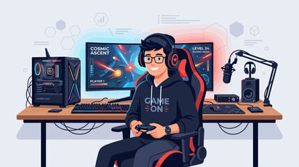 A modern flat vector illustration of a gamer sitting at a desk. © MOCHRABBUL