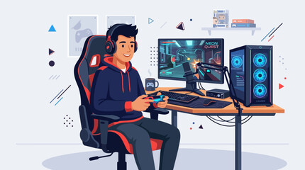 A modern flat vector illustration of a gamer sitting at a desk. © MOCHRABBUL