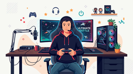 A modern flat vector illustration of a gamer sitting at a desk. © MOCHRABBUL