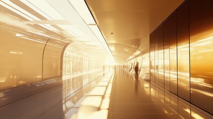 Fototapeta premium People are walking quickly through a modern, gleaming golden toned transit hub, creating a sense of dynamic flow and future travel in a blurred motion environment