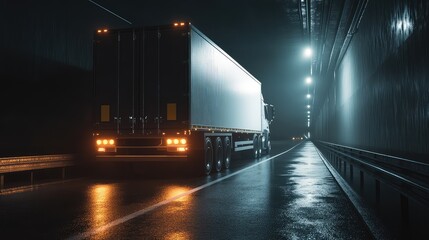 Fototapeta premium Semi trailer truck travelling inside a glowing tunnel, its brake lights reflecting on the wet asphalt, illustrating the concept of reliable transportation and logistics through challenging routes