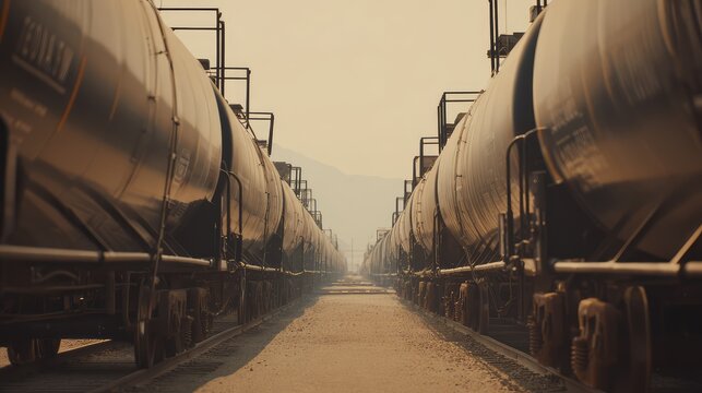 Industrial railway yard featuring multiple tanker cars on parallel tracks, symbolizing global fuel energy transportation, logistics, and the impact of fossil fuels