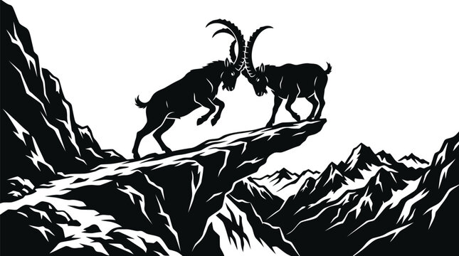 Two strong ibex fighting on a dangerous jagged mountain cliff