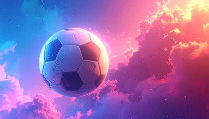 Fototapeta premium Soccer ball floating in colorful clouds