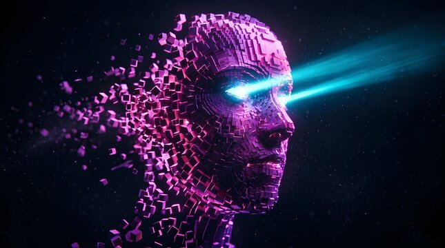 Human head made of purple cubes with glowing blue laser eyes