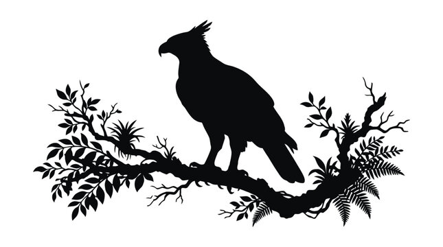 Black and white silhouette of a harpy eagle perched on a detailed branch with tropical plants