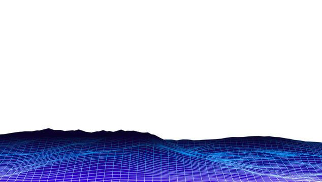 Glowing purple and blue wireframe terrain hills on transparent background in synthwave theme