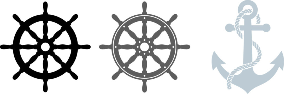 Nautical Icon Set Featuring Ship Steering Wheels and Marine Anchor with Rope for Maritime Logos, Yacht Club Branding, Ocean Travel, and Sailing Adventure Designs