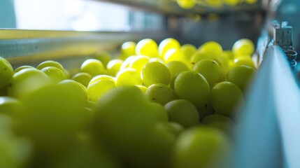 Naklejka premium Green grapes are moving along a production line in a food processing facility, highlighting the industrial process of selecting and preparing fruit for juice or wine production