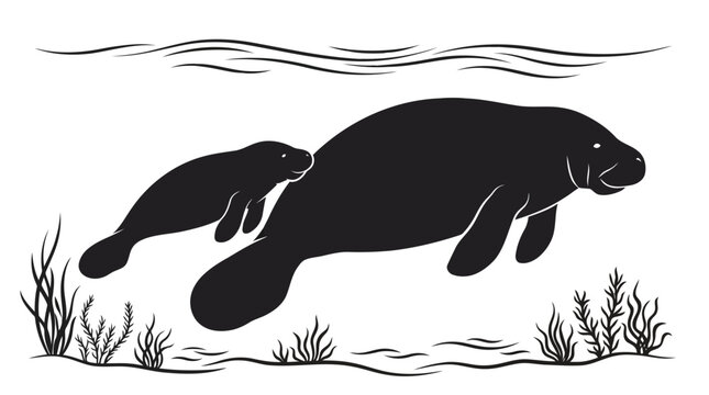 Mother manatee and calf swimming underwater with seagrass in black and white vector design