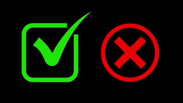 Animated green checkmark and red x cross symbols on black background, for ui animation