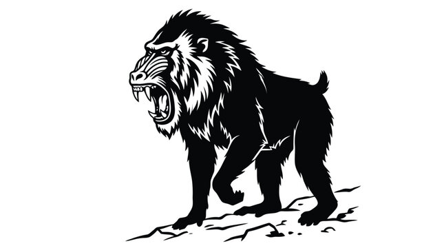 Fierce mandrill baboon standing in aggressive stance in black and white vector illustration