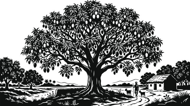 Mango tree laden with fruit near small rural hut in black and white vector landscape