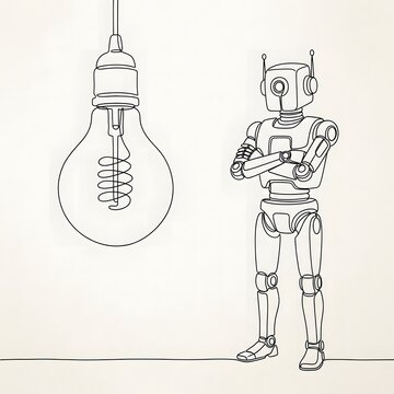 Line drawing of a robot and lightbulb with idea concept on white background