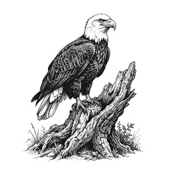 Detailed Black and White Illustration of a Bald Eagle Perched on a Gnarled Tree Stump © Dwi