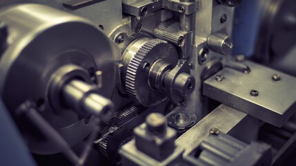 Fototapeta premium Automatic lathe machine components creating metal parts with advanced engineering, demonstrating mechanical precision and efficient manufacturing processes in an industrial environment