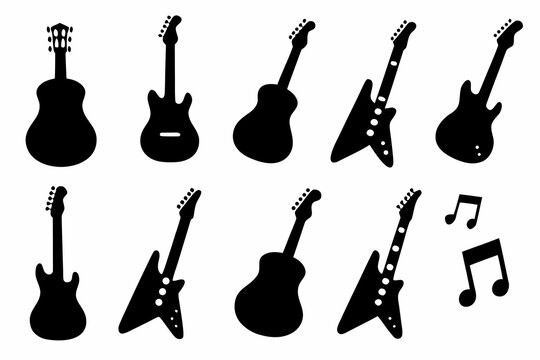 Guitar silhouettes. Acoustic and heavy rock electric guitars outline musical instruments, music symbols Vector isolated set