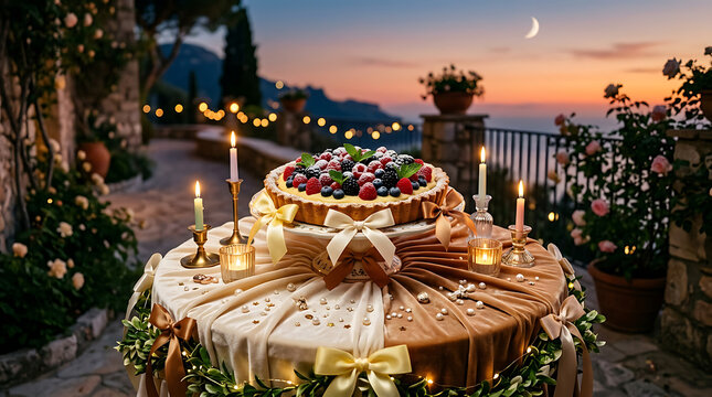 Elegant wedding cake with fresh berries and candles set in a sce