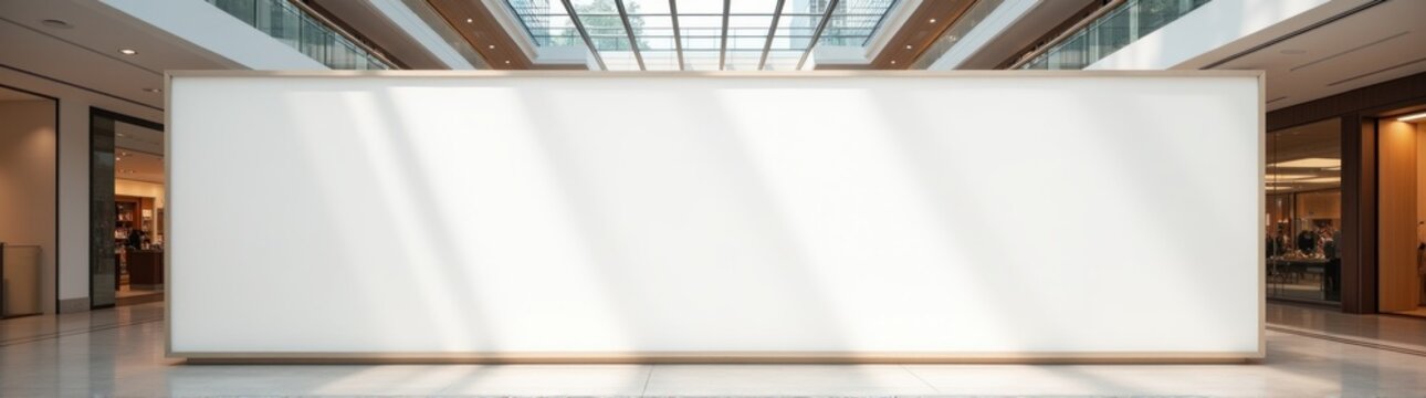 Empty white billboard in a large building with a skylight mockup