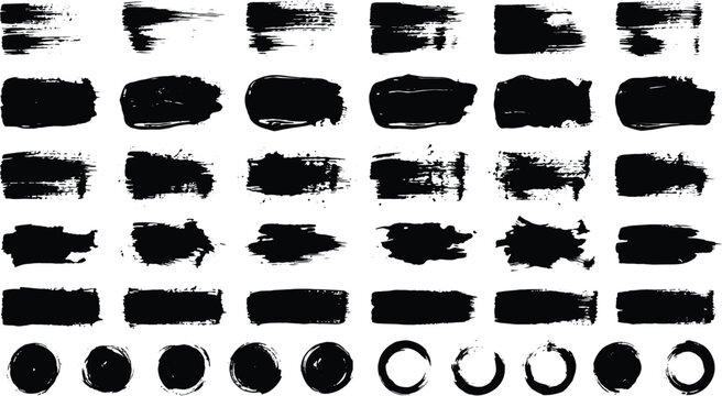 Set of black grunge brush strokes and circles for design and decoration isolated on white background
