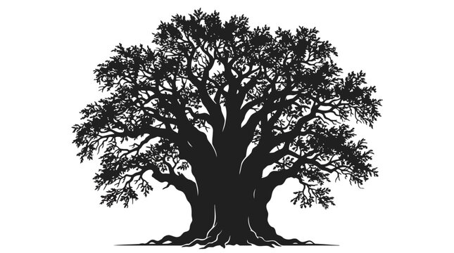 Massive ancient oak tree with thick trunk and sprawling branches illustration
