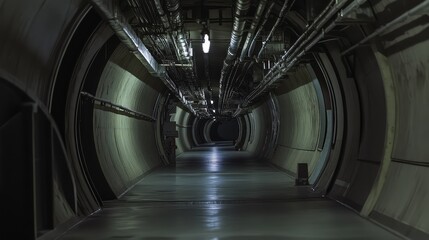 Fototapeta premium Industrial tunnel features circular hallway architecture with complex overhead pipes, utility lines, and fluorescent lighting, creating a deep perspective