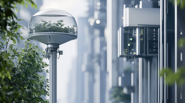 Urban street lamp featuring an integrated plant ecosystem, merging modern technology with environmental efforts for sustainable and green infrastructure in a smart city landscape