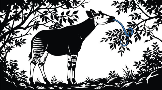 Okapi eating leaves from tree branch with blue snake illustration