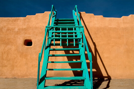 Turquoise staircase against adobe pueblo wall