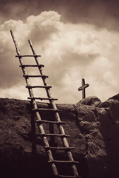 Wooden ladder and cross at Picuris Pueblo in New Mexico