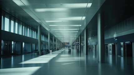 Naklejka premium Modern airport terminal hall creating a sense of travel. Business. And transportation. Featuring contemporary architecture. Steel pillars. Glass walls. And reflective floor surfaces with natural light