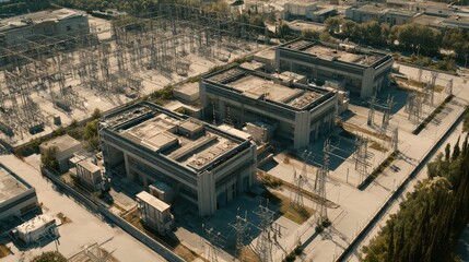 Fototapeta premium Large industrial power plant with multiple buildings and complex electrical substation infrastructure, generating and distributing energy to a nearby urban area