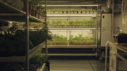 Naklejka premium Plants thriving in an indoor garden with vertical racks and artificial lights, representing modern hydroponics and controlled environment agriculture for sustainable food systems