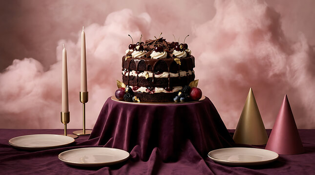 Elegant tiered celebration cake on a rich purple table with cand