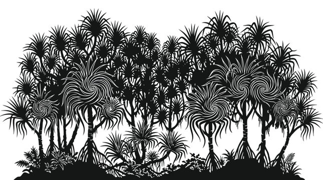 Pandanus trees with swirling fractal patterns in foliage