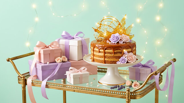 Elegant tiered cake presentation with fresh flowers on a gold tr