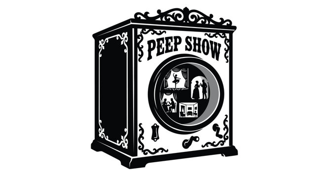 Antique peep show cabinet with miniature scenes silhouette illustration