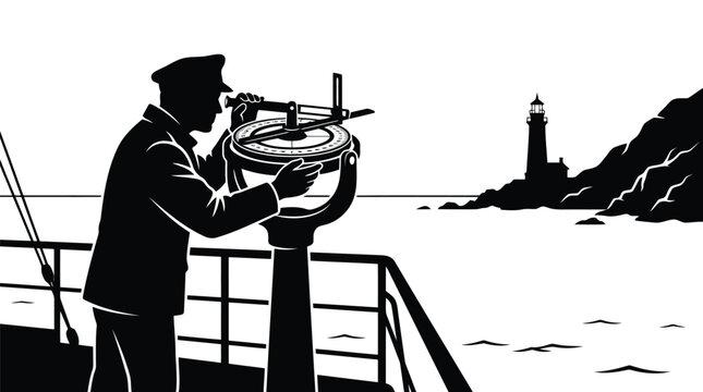 Nautical captain with sextant navigates ship near lighthouse illustration