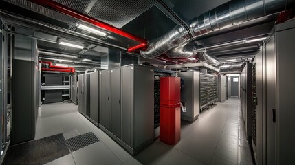 Naklejka premium Server racks filling a modern data center room, providing robust infrastructure for digital information storage, network operations, and advanced cloud computing services