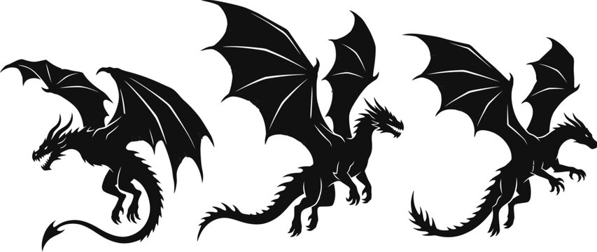 "Three Flying Black Dragon Silhouettes"
Alternative Titles:
Black Dragon Trio Flying Silhouette
Fantasy Dragons Silhouette Set
Mythical Black Dragons Vector Silhouette