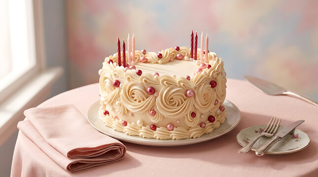 Pink tiered cake on a delicate pink tablecloth with silver cutle